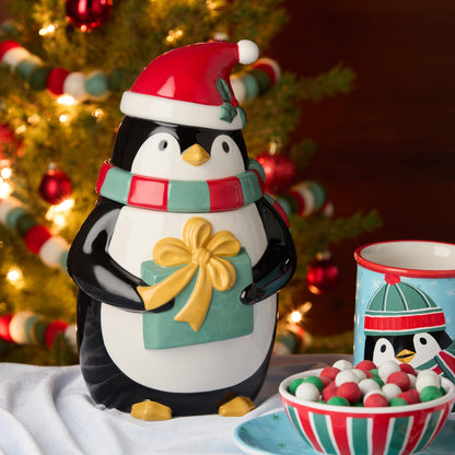 Christmas Whimsy Penguin Cookie Jar – 3D Ceramic 72oz Holiday Treat Jar with Lid, Sculpted Penguin Holding Gift, Festive Winter Kitchen Décor for Cookies, Candy, Snacks, and Holiday Entertaining