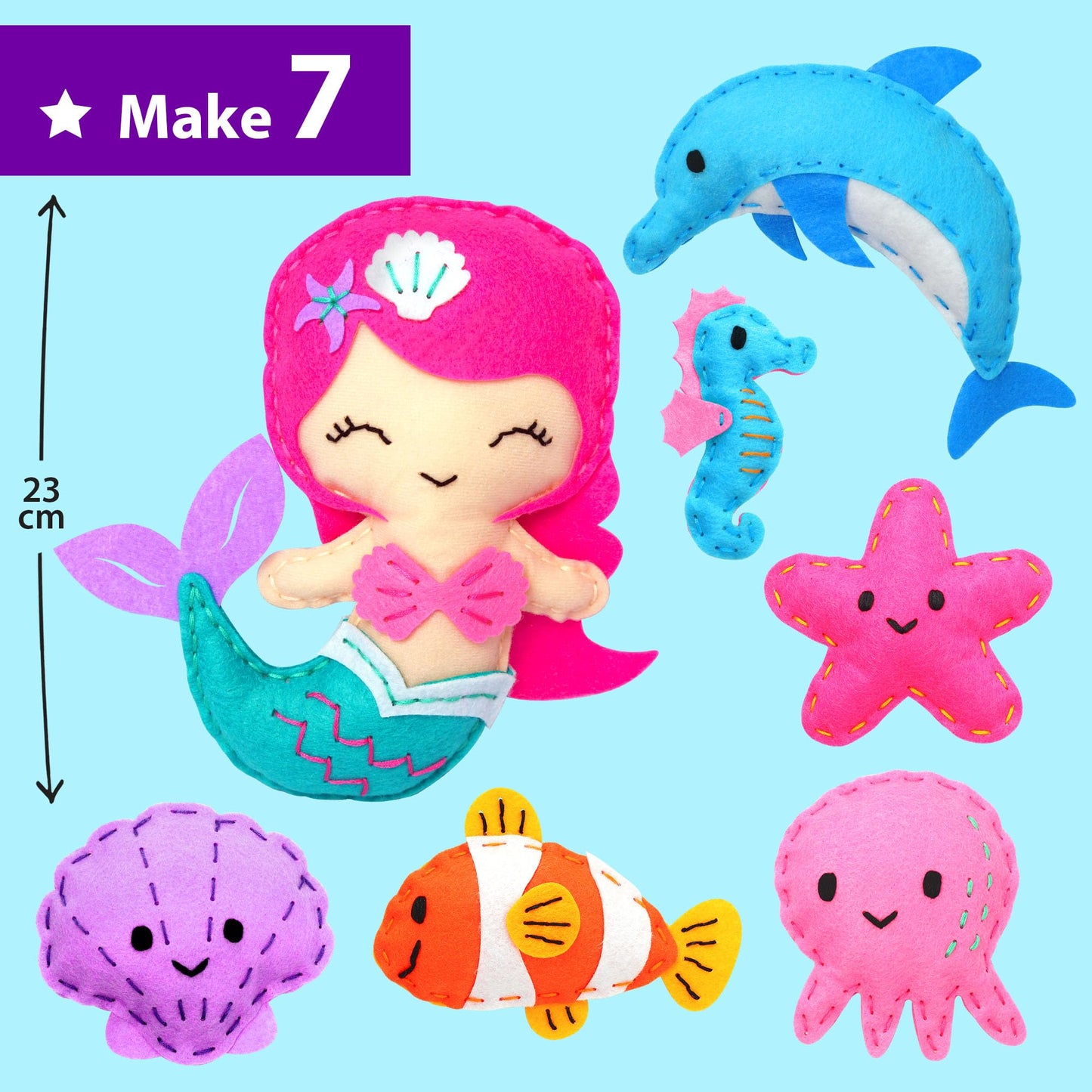 KRAFUN Mermaid Sea Animals Beginner Sewing Kit for Kids Art & Craft kit, Includes 7 Soft Plush Dolls, Instructions & Felt Materials for Learn to Sew, Embroidery Skills, Gift for Girls Educational