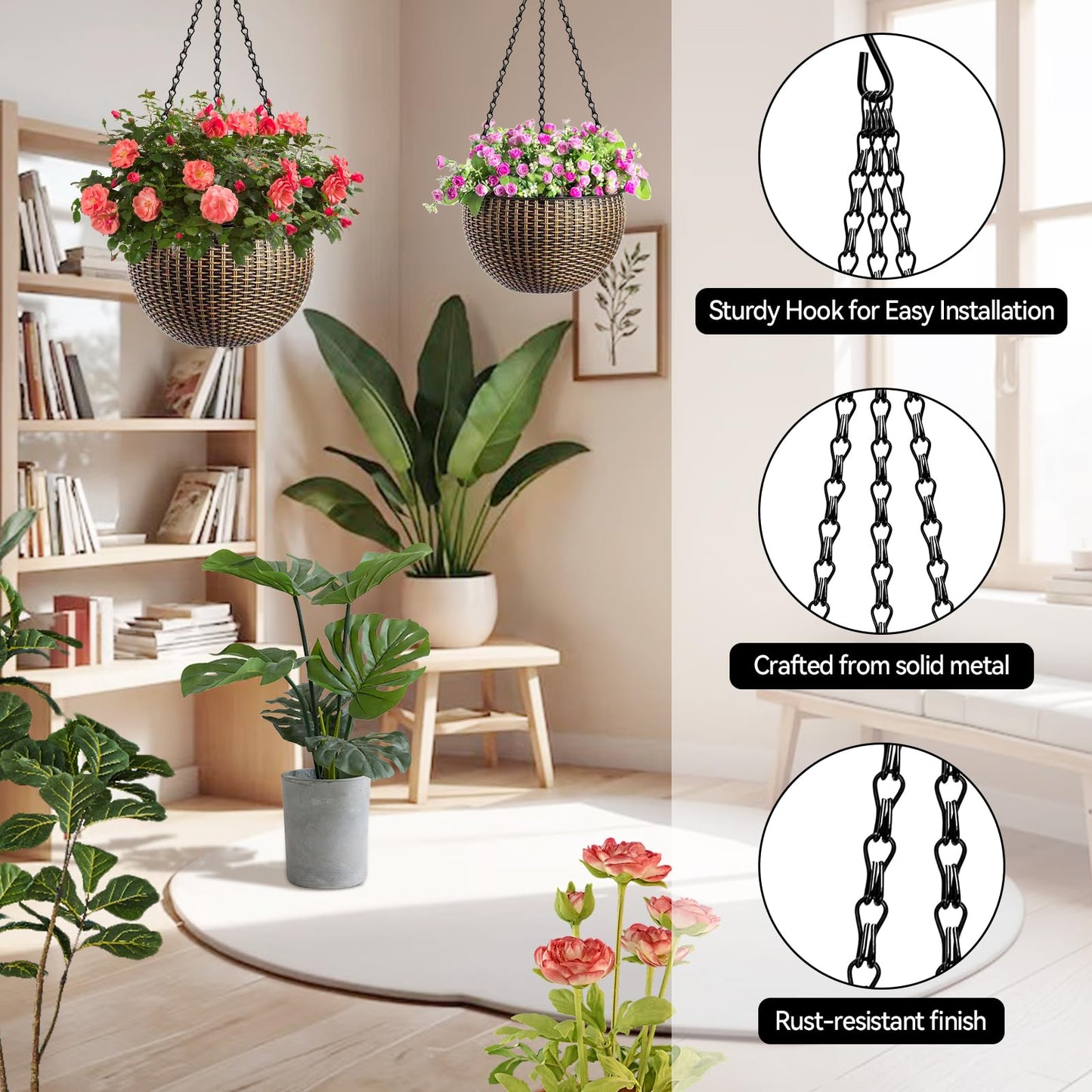ZeeDix 4 Pack, 24 Inch Hanging Basket Chain with Hooks, Black Metal Planter Flower Pot Chain for Hanging Plants Outdoor, Adjustable Replacement Chain Plant Hangers for Lanterns Bird Feeders & Flowers