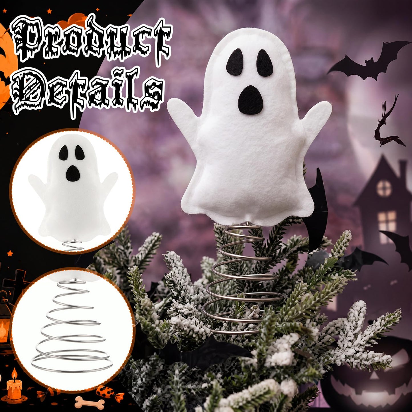 Gejoy 1 Set Halloween Miniature White Ghost Tree Topper Includes Spring Base 4 Inch Tree Ornaments Gift for Colleagues Neighbors Home Halloween Party DIY Decorations