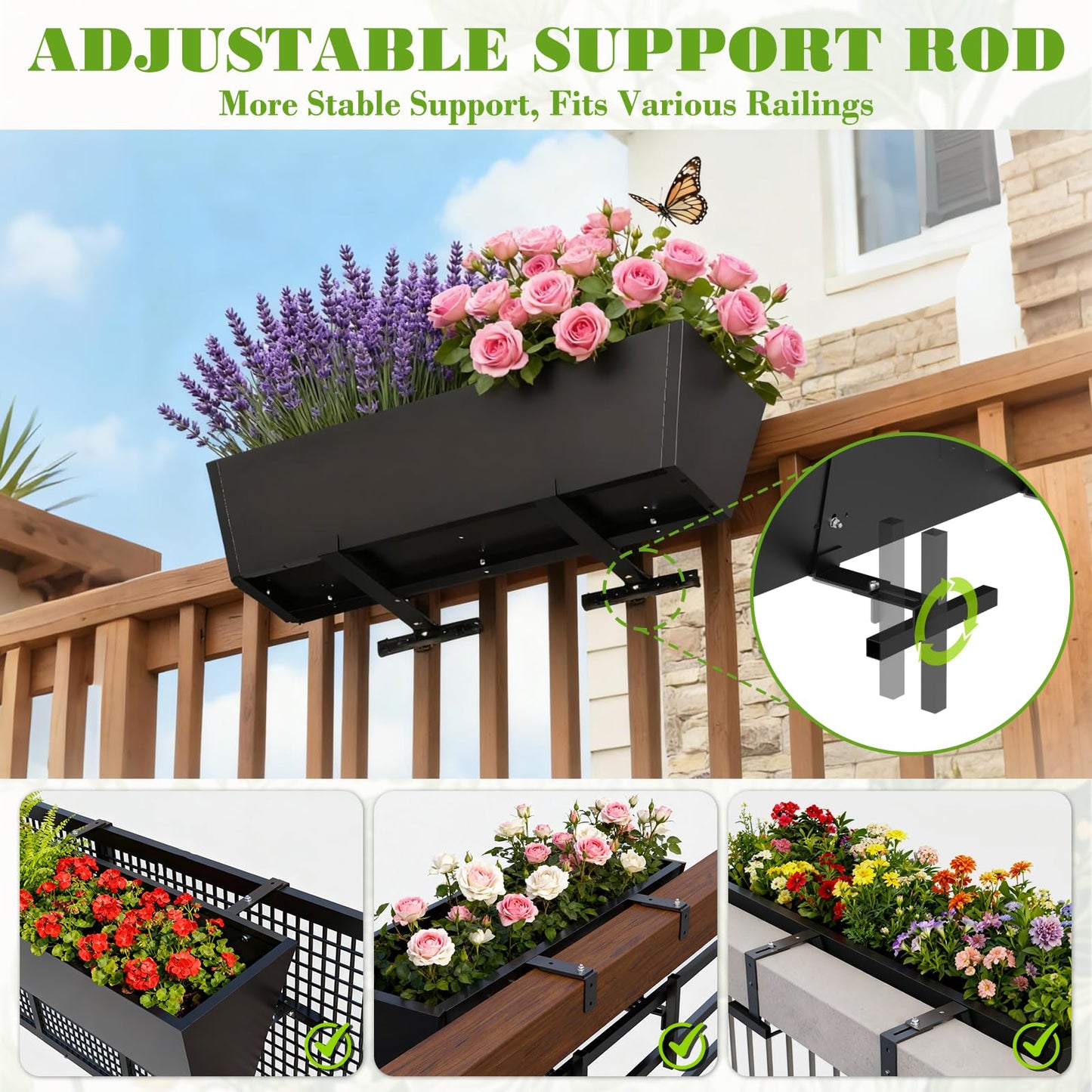 Dogetgd Railing Planter Box Metal Hanging Planter for Outdoor Balcony Heavy-Duty Window Planter Box with Adjustable Brackets