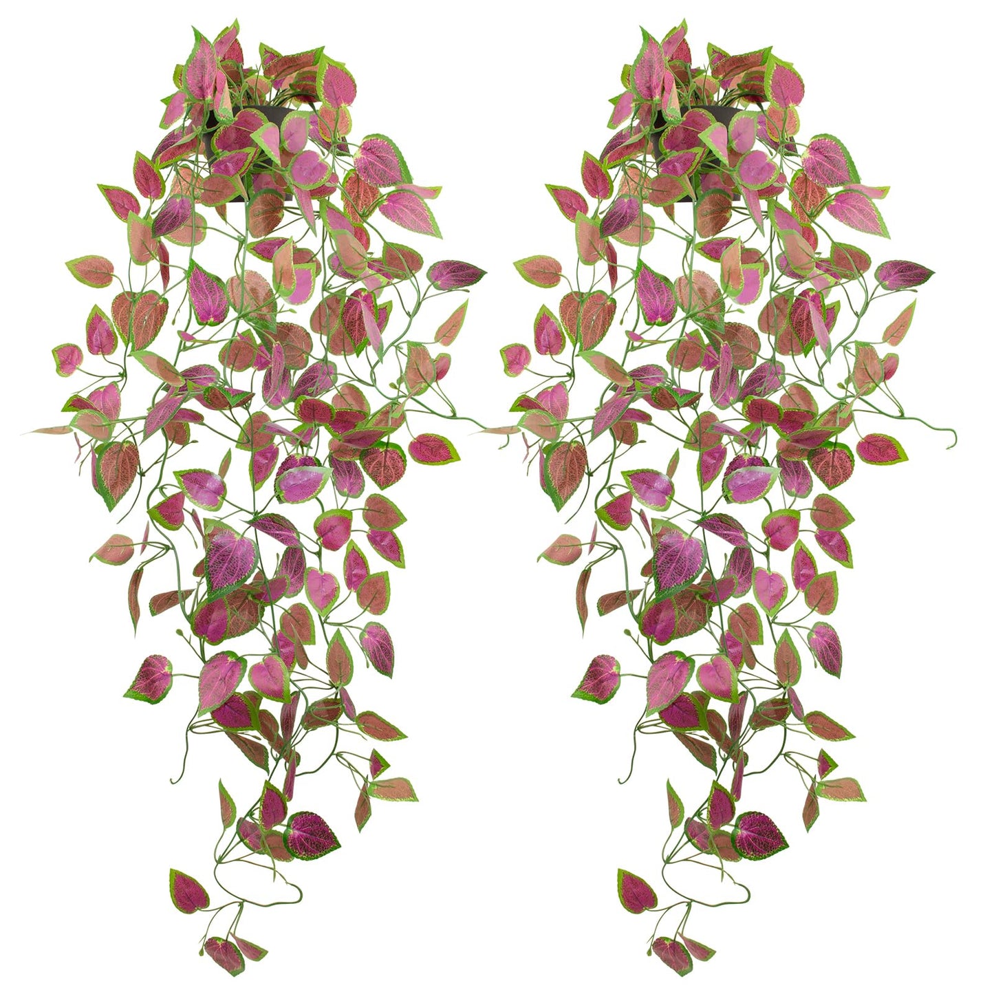 LOYWREE 2 Pack Artificial Purple Ivy Hanging Vine Plants - Small Potted Long Trailing Cascading Foliage, Gothic Home Decor for Indoor/Outdoor, Office, Garden & Shelf (Black Pot)