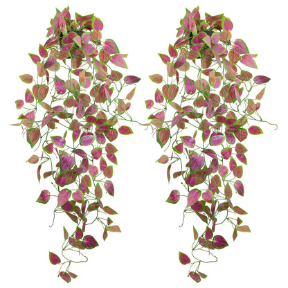 LOYWREE 2 Pack Artificial Purple Ivy Hanging Vine Plants - Small Potted Long Trailing Cascading Foliage, Gothic Home Decor for Indoor/Outdoor, Office, Garden & Shelf (Black Pot)