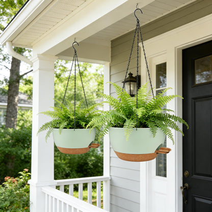 CNLBO 12 Inch Self Watering Hanging Planters 2 Pack, Indoor Outdoor Hanging Pots for Plants with Drainage Holes & Saucers, Green Brown Plastic Hanging Baskets for Kitchen Balcony Garden
