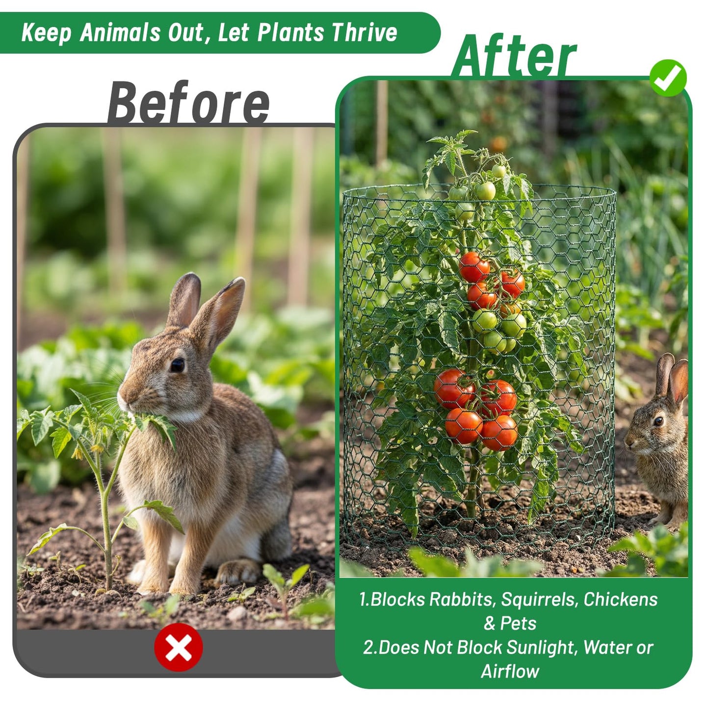 Convivium Plant Protectors from Animals, 0.8mm Free-Cut Green Chicken Wire Mesh, PVC Coated Tree Trunk Guard & Garden Fence for Outdoor Plants with Zip Ties, Stakes, Pliers, Gloves（16.4Ft*16In）