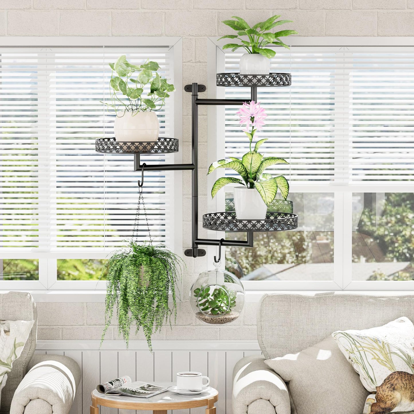 OVICAR Rotating Window Plant Shelves - Indoor Wall Plant Stand 3-Tier Floral Metal Window Shelf Holder for Multiple Plants with Hanging Hooks Home Decor Black
