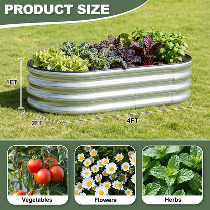 Galvanized Raised Garden Bed- Planter Garden Boxes Outdoor, Raised Beds for Gardening, 4x2x1ft Metal Garden Bed Kit for Vegetables Flower, Planter Raised Bed with Protective Tape & Tools.Silver-4pack