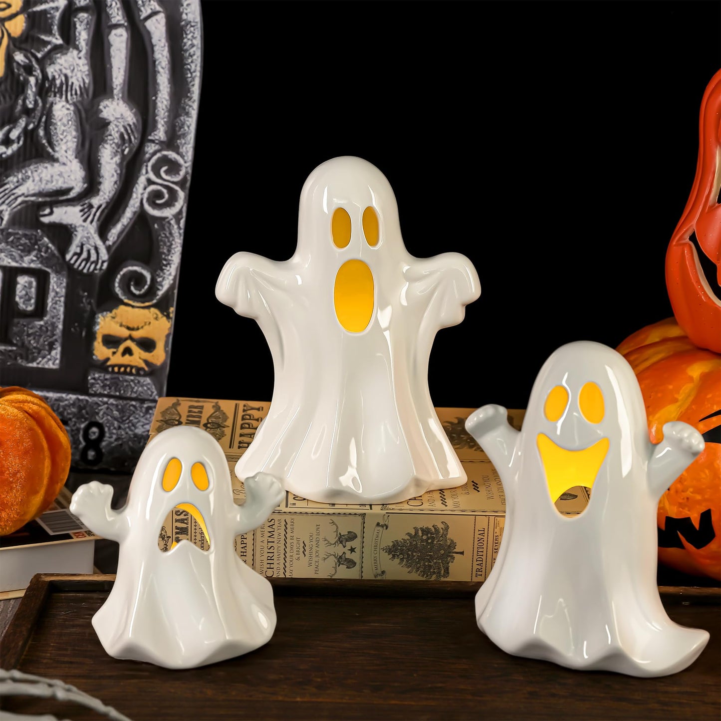 Aneco Ceramic Ghost Light Up Decor Halloween Ghost Decor 3 Ceramic Ghosts Figurines with Remote Control, 3 Tea Lights Spooky Ghosts Sculpture for Halloween Home Table Decorations
