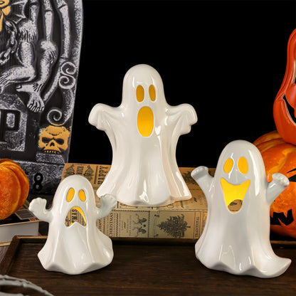Aneco Ceramic Ghost Light Up Decor Halloween Ghost Decor 3 Ceramic Ghosts Figurines with Remote Control, 3 Tea Lights Spooky Ghosts Sculpture for Halloween Home Table Decorations