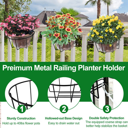 OYMVEKIK Adjustable Hanging Railing Planter, 3 Pack Fit 1.5 to 4.5 Inches Railing, Weather-Resistant Metal Balcony Rail Planters, Work for Outdoor Fence Deck Garden Patio Halloween Christmas Decor