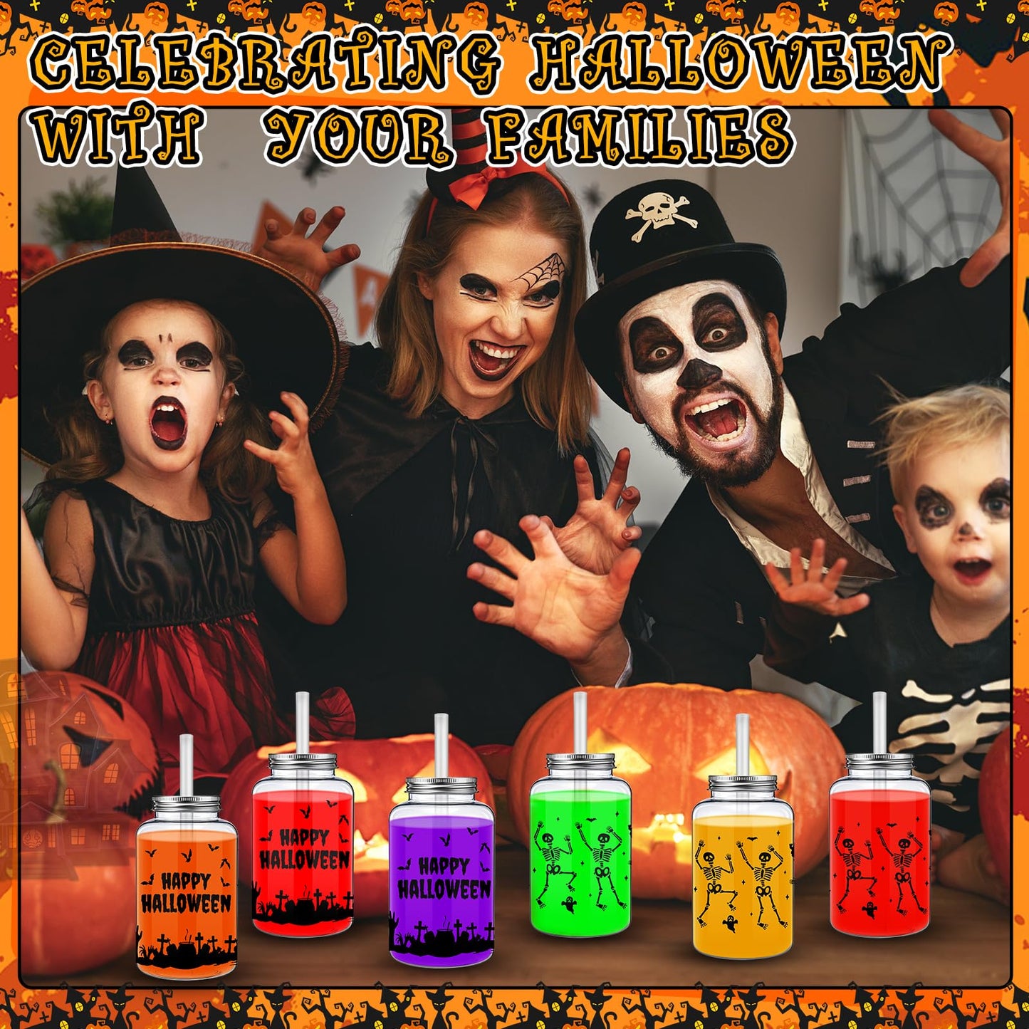 Yetene 20 Pack Halloween Skeleton Cups Reusable Skull Cup Gifts 16 oz Printed Cemetery Cup with Lids Straws Halloween Happy Plastic Tumbler Clear Drinking Jars for Party Favor Birthday Celebration