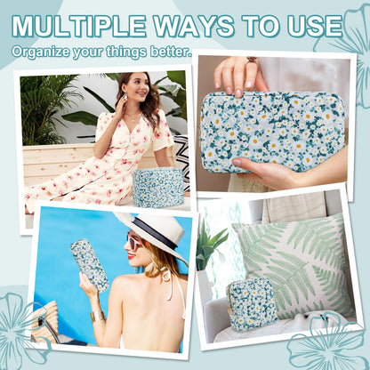 UIXIZQ Waterproof Large Floral Makeup Pouch,Nylon Travel Toiletry Storage Purse Preppy Cosmetic Bag for Women Girl,Large Capacity Makeup Organizer Zipper Pouch for Work(L Green-Daisy)