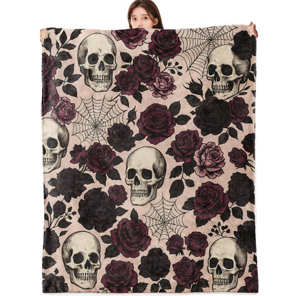 vnlvnl Skull Blanket Lightweight Flannel Blankets Gifts for Adults Gothic Floral with Dark Romantic Rose and Spide Printed Throw for Couch Chair Office Bedroom Halloween Decor, 60x50inch