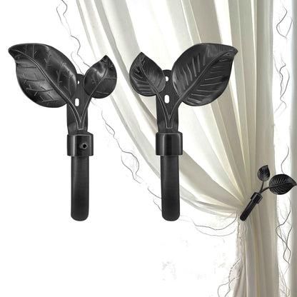 Black Leaf Curtain Holdbacks (2 Pack), Heavy Duty Metal Hooks for Curtains, Tie Backs for Drapes, Wall Mounted