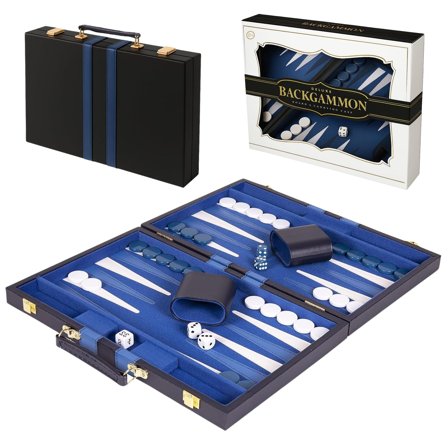 Premium Backgammon 18 Inches Large Blue - Backgammon Sets for Adults and Kids - Leatherette Back Gammon Board Game Set - Travel Backgammon Set Board Encased with Accessories