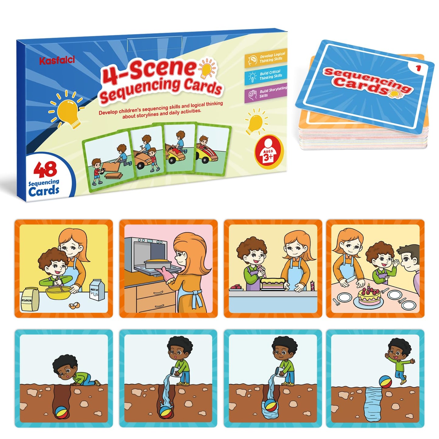 Kasfalci 4-Scene Sequence Board Game, Sequencing Flash Cards, Speech Therapy Materials Sensory Toys for Kids with Autism, Preschool Learning Activity for Improve Storytelling, Social Skills