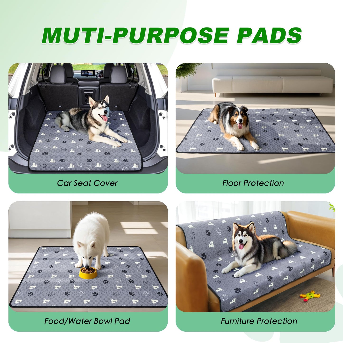 WanpeeGoo Washable Pee Pads for Dogs, 4 Pack Absorbent Reusable Training Dog Pads Pet Puppy Pads, Non-Slip Potty Pads for Whelping, Playpen, Crate, Bed, Grey 18"x24"