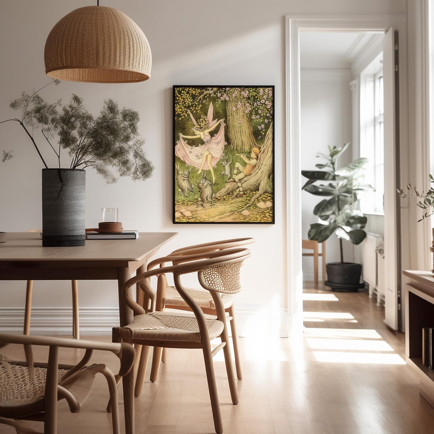 Poster Master Vintage Fairy Dancing In The Forest With Rabbits And Piper Poster - Fairytale Print - Mythical Art - Fairy Art - Aesthetic Creation - Living Room or Bedroom Design - 8x10 UNFRAMED Wall Display