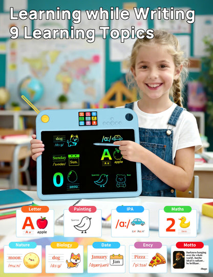Multifunctional LCD Writing Tablet for 4-9 Kids Dual-Screen Pad（9 Learning Themes） Charging Erasable Board with Extra Stylus Lock Switch,Educational Learning Toys Birthday Gifts for Girls Boys (Blue)