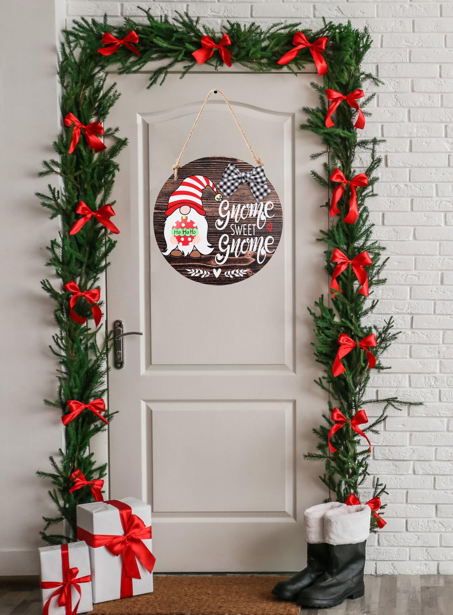 CYNOSA Interchangeable Seasonal Gnome Sweet Gnome Welcome Sign Front Door Decor Wooden Gnome Door Hanger, 12 Inches Farmhouse Wall Sign Gnome Decor (Brown)