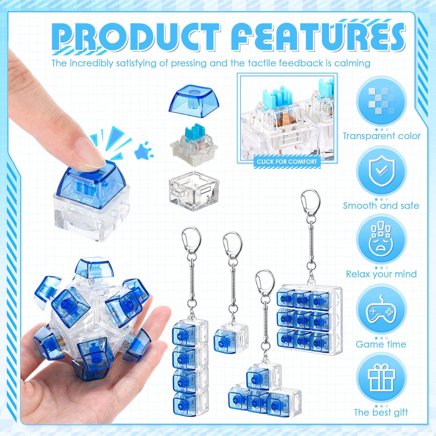 Halloscume 5 Pcs Keyboard Adult Fidget Clicker in 5 Styles Keyboard Fidget Keychain Cube Mechanical Key Button Clicker Stress Relief Gift for Office Home Pass Time(Transparent Blue)