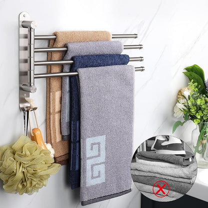 NearMoon Swivel Towel Rack, 13.8" Thicken 304 Stainless Steel 4-Arm Towel Bar, Space Saving Wall Mounted Towel Holder with Hook, Rustproof Swing Out Towel Hanger for Bathroom, Kitchen (Brushed Nickel)