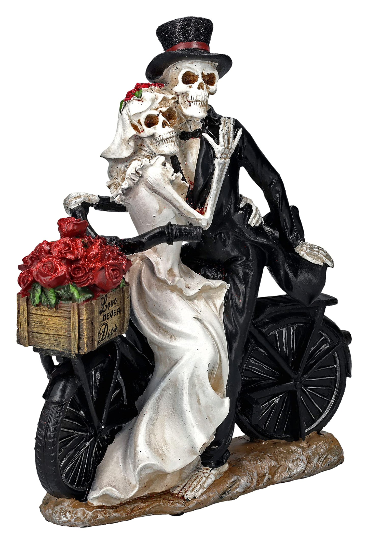 Pacific Giftware Love Never Dies Newly Wed Skeleton Couple Rose Basket Bike Statue 12.2” Tall