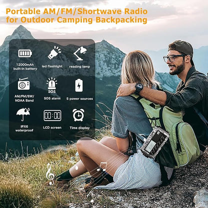 Eoxsmile Emergency Radio 12000mAh with NOAA Weather Alert | Solar, Hand Crank, Battery AM/FM/Shortwave with Type-C Charger, Flashlight, SOS for Hurricane, Camping, Outdoor Survival