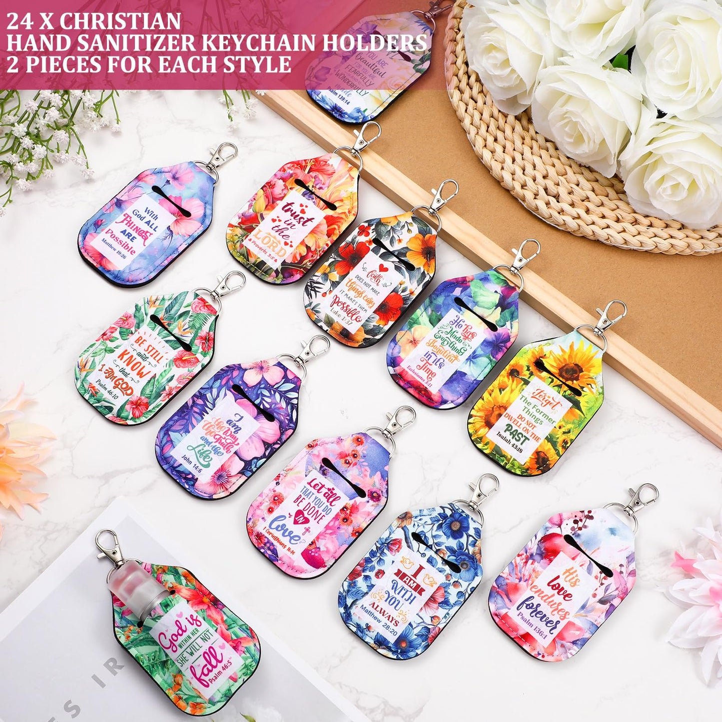 Kenning 24 Pcs Christian Hand Sanitizer Keychain Holders Travel Size Religious Gift for Christmas Women Employee Appreciation(Bible)