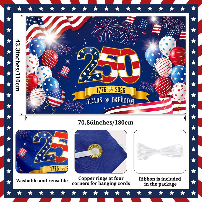 250th Anniversary American Backdrop, 4th of July Party Decorations,1776-2026 250th Birthday Fabric Banner with Grommets, Independence Day Decorations for Outdoor, Indoor, Yard, Garden, Porch