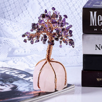 Cheungshing Crystal Copper Tree Wrapped with Raw Rose Quartz Base, Bonsai Tree for Home Office Living-Room Decor, Amethyst
