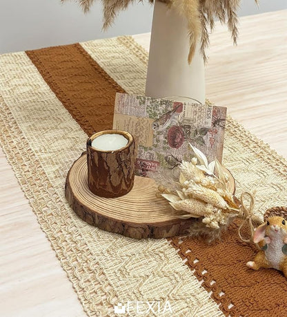 FEXIA Boho Table Runner 36 Inches Long Macrame Summer Decor Coffee Table Cover Farmhouse Stylewith Tassels for Party Bohemian Rustic Wedding Bridal Shower Dining Room Middle Brown (12x36 Inches)