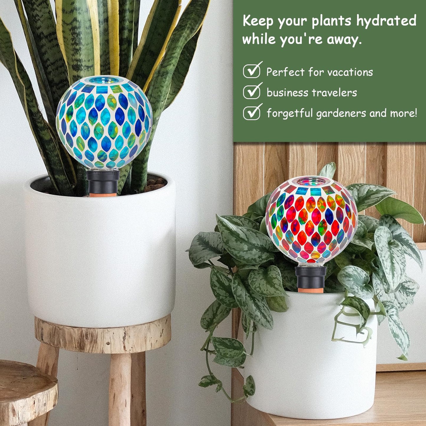 Chonsun Plant Watering Globes Mosaic Self Watering Planter Insert 2 Pack Large Terracotta Watering Spikes Automatic Waterer Device Outdoor Indoor Flower Pots Decorations