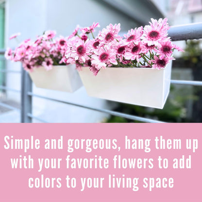 LaLaGreen Rail Planters (6 Pack, 14 Inch) White Metal Rectangle Window Boxes Outdoor, Strawberry Balcony Garden Deck Railing Fence Hanging Flower Pots with Detachable Hook Patio Porch Minimalist Decor