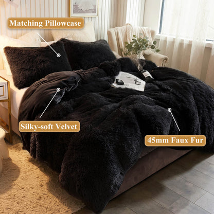 XeGe Plush Shaggy Duvet Cover Set, Luxury Ultra Soft Crystal Velvet Fluffy Bedding Sets 2 Pieces(1 Faux Fur Furry Comforter Cover + 1 Fuzzy Faux Fur Pillow Case), Zipper Closure (Twin, Black)