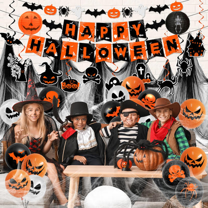 Halloween Decorations,Orange and Black Halloween Party Decorations Hanging Swirls,Ghost and Bat Spider Banner,Creepy Cloth, Balloon for Spooky halloween Decor Set