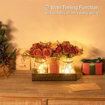 Mkono Mason Jar Lights Centerpiece Table Decor for Dining Room Farmhouse Wood Tray with 3 Jars Flowers Fall Decoration for Coffee Table Kitchen Living Room Wedding