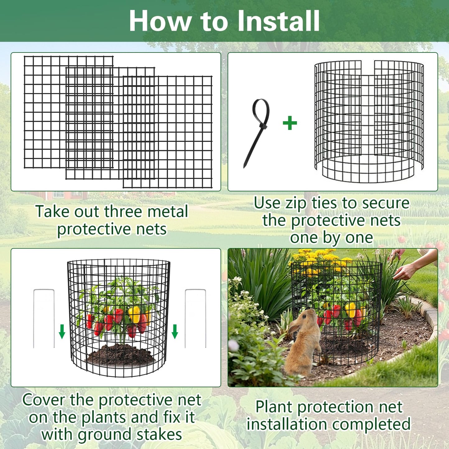 Yudlto 10 Pack Plant Protectors from Animals, 12×14in Wire Plant Protector Covers, Metal Garden Cloche with Ground Stakes and Zip Ties for Deer and Rabbit Protection in Outdoor Gardens