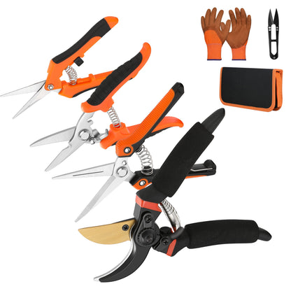 5 pack Garden Pruning Shears Stainless Steel Blades, Handheld Scissors Set with Gardening Gloves,Heavy Duty Garden Bypass Pruning Shears,Tree Trimmers Secateurs, Hand Pruner (Classic)