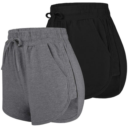 URATOT 2 Pack Cotton Yoga Short Women Summer Running Gym Sports Waistband Shorts with Pockets Black,Dark Grey