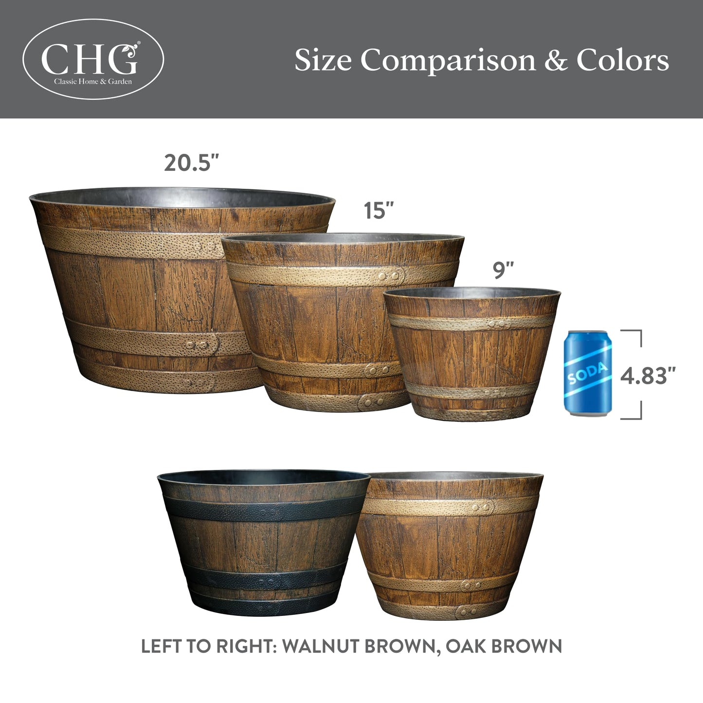 Classic Home & Garden by Growscape Whiskey Barrel Planters, Wooden Finish Flower Planter Pot, Stylish Garden Pots, Indoor Outdoor Resin Planters, Weather-Resistant Plant Pot (20.5" Oak Brown, 1-Pack)