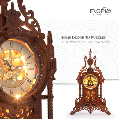 FUNPOLA LED 3D Wood Puzzle Clock Tower, 3D Puzzle Building Model, 3D Home Décor Puzzle DIY 3D Clock Kit for Adults (LED-WTC02)