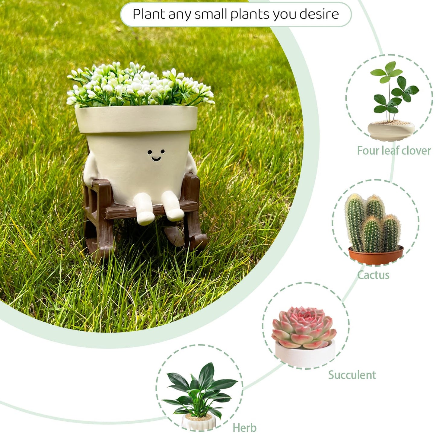 Jxcnkiy Smily Face Planter Pot, Cute Rocking Chair Plants Pots, Funny Face Planter Pots Head, Indoor and Outdoor Succulent Pot with Drainage Hole, Gifts for Mother, Women, Appreciation, Christmas