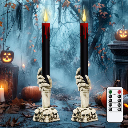 KunSwenn Halloween Flameless Taper Candles with Ghost Hand Candlesticks and Remote Timer, Black Led Taper Flickering Battery Operated Candles with 3D Flame for Halloween Spooky Decoration