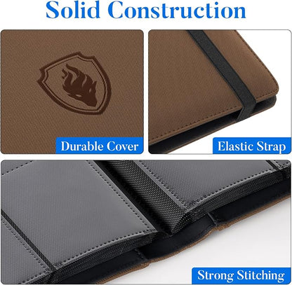 Premium 9 Pocket Card Binder for 360 Cards, Fabmaker PU Cover Trading Card Binder, Sturdy Card Collection Album, Sleek Card Holder Folders for Game Cards & Sports Cards, Brown