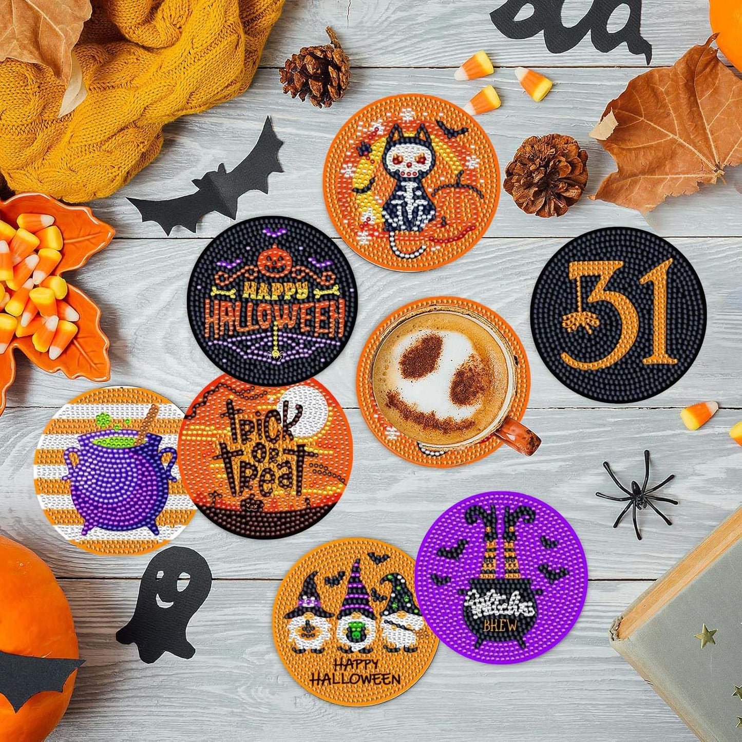 8 pcs 5D DIY Halloween Diamond Art Coasters with Holder for Adults Beginners, Home Office Table Decor,Halloween Diamond Coasters Gifts, Halloween Decorations,Skull Diamond Art Kits (QLBD-01)