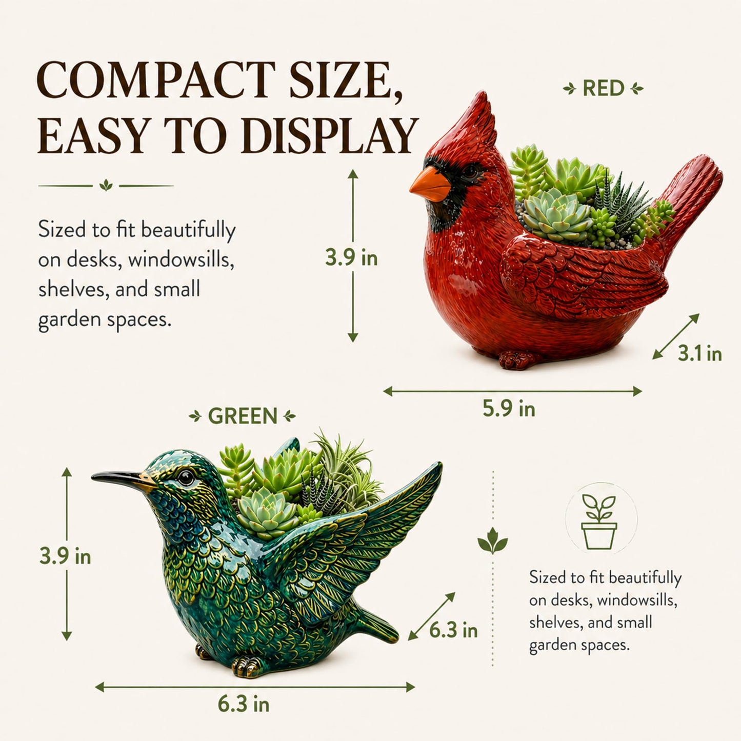 Oulores Cardinal Bird Succulent Planter, Red Resin Decorative Flower Pot for Small Plants, Bird Planter Pot for Desk Windowsill Patio Garden Decor, Gift for Plant & Bird Lovers (Green)