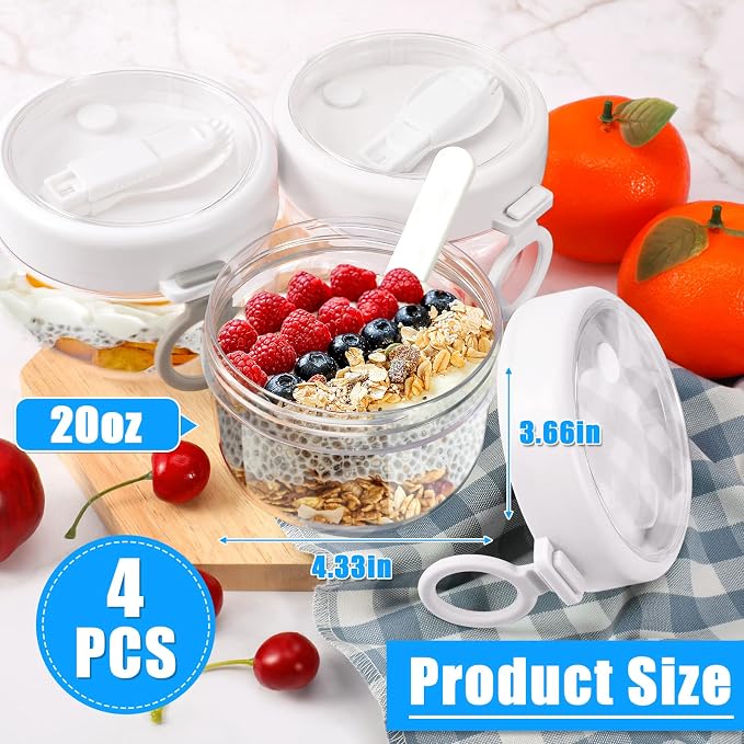 Gerrii 4 Pcs Overnight Oats Container with Lids and Spoons, 20 oz Plastic Overnight Oats Jars Large Capacity Airtight Yogurt Container for Milk, Fruit, Cereal and Salad Storage (White)
