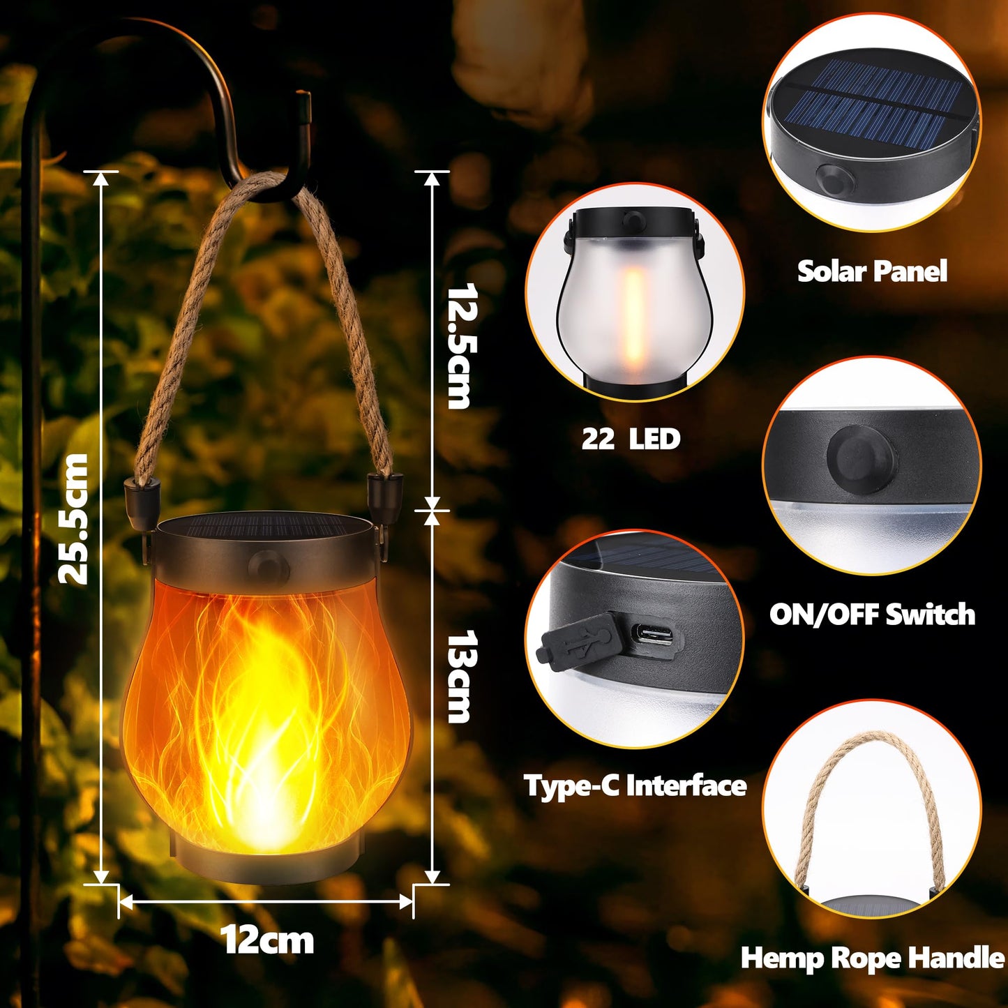 iBaycon 2 Pack Gen2 Solar Lanterns Lights, Ultra-Real Flame Garden Lights with Dual Charging USB & Solar, 2 Modes Outdoor Waterproof Hanging Lantern for Yard Home Brithday Gifts (Warm White)