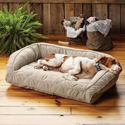 Orvis Comfort Fill-Eco Couch Dog Bed – Plush Three-Sided Bolster with Comfort Fill-Eco Cushion, Quilted Cover, Zip-Off & Machine Washable, Heathered Khaki - Large
